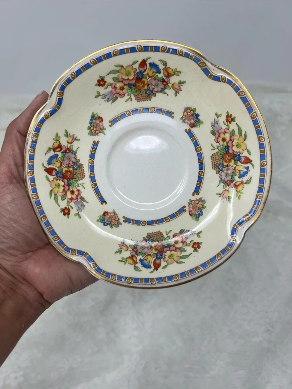 Victoria Floral Basket Pattern Saucer in Pareek scalloped shape